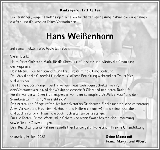 Traueranzeige von Hans Weißenhorn von Allgäuer Zeitung, Marktoberdorf