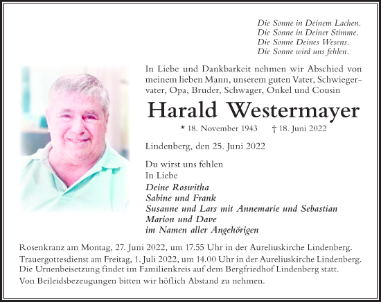 Traueranzeige von Harald Westermayer von Der Westallgäuer