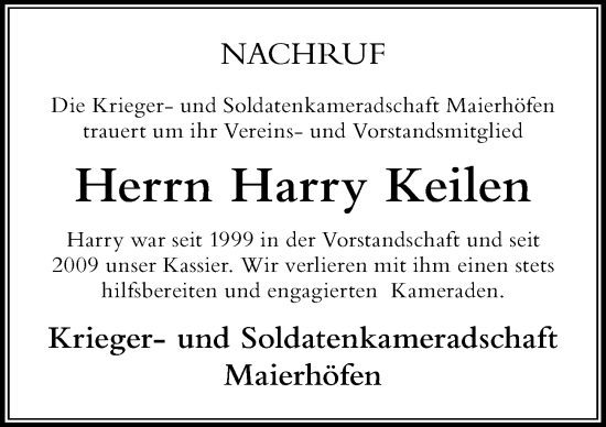 Traueranzeige von Harry Keilen von Der Westallgäuer