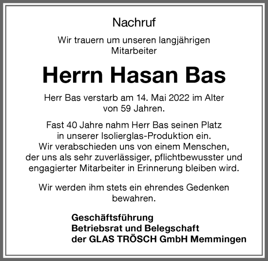 Traueranzeige von Hasan Bas von Memminger Zeitung