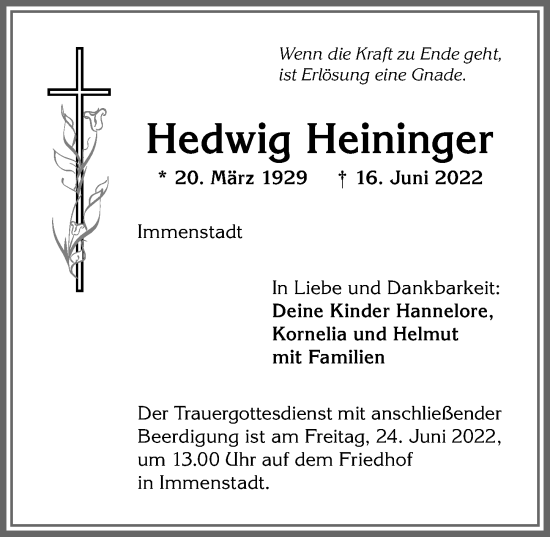 Traueranzeige von Hedwig Heininger von Allgäuer Anzeigeblatt