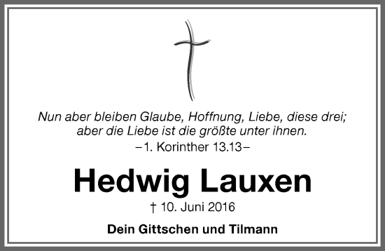 Traueranzeige von Hedwig Lauxen von Memminger Zeitung