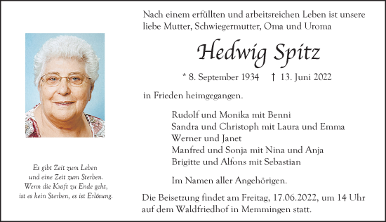 Traueranzeige von Hedwig Spitz von Memminger Zeitung