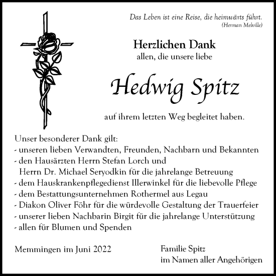 Traueranzeige von Hedwig Spitz von Memminger Zeitung