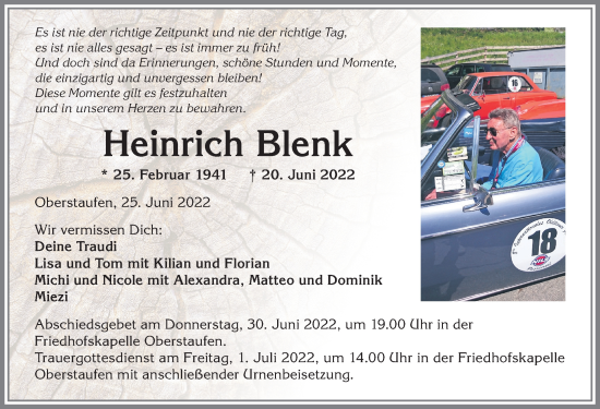 Traueranzeige von Heinrich Blenk von Allgäuer Anzeigeblatt