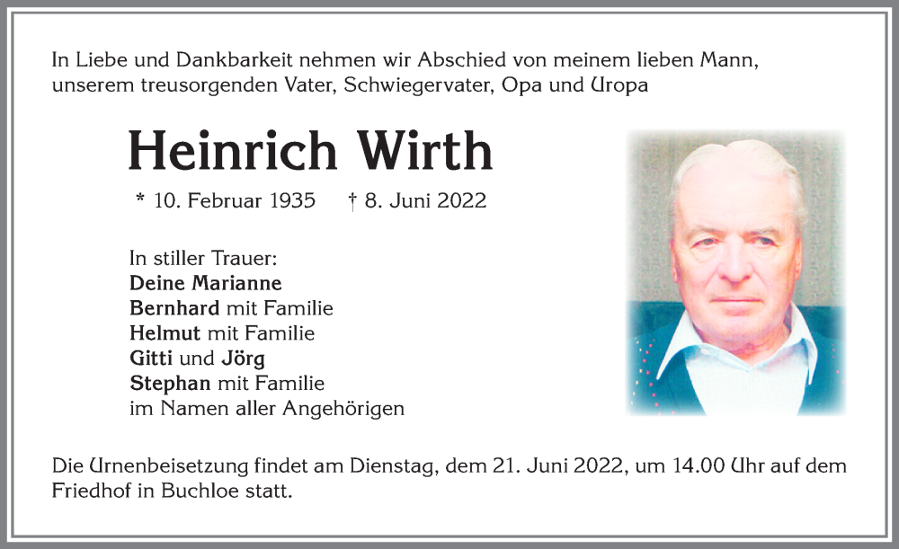  Traueranzeige für Heinrich Wirth vom 11.06.2022 aus Allgäuer Zeitung, Kaufbeuren/Buchloe