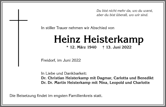 Traueranzeige von Heinz Heisterkamp von Allgäuer Anzeigeblatt