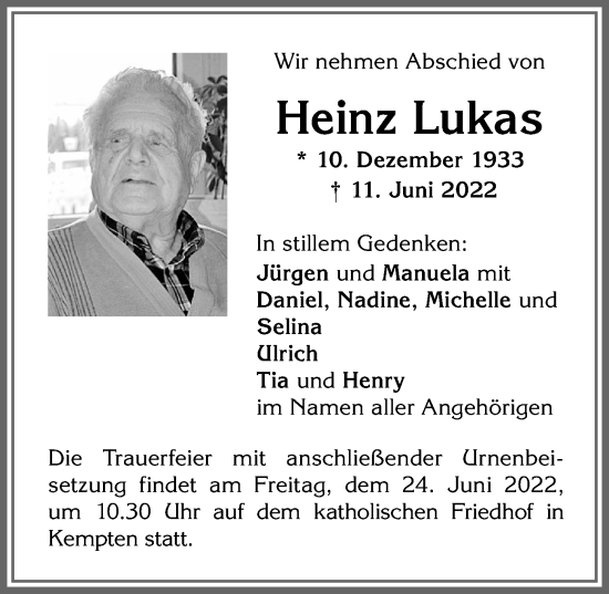Traueranzeige von Heinz Lukas von Allgäuer Zeitung,Kempten