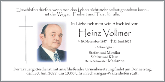 Traueranzeige von Heinz Vollmer von Allgäuer Zeitung, Füssen