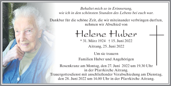 Traueranzeige von Helene Huber von Allgäuer Zeitung, Marktoberdorf