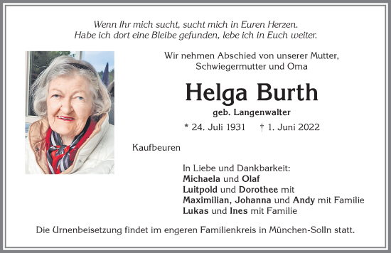 Traueranzeige von Helga Burth von Allgäuer Zeitung, Füssen