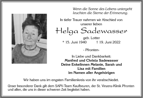 Traueranzeige von Helga Sadewasser von Allgäuer Zeitung, Füssen
