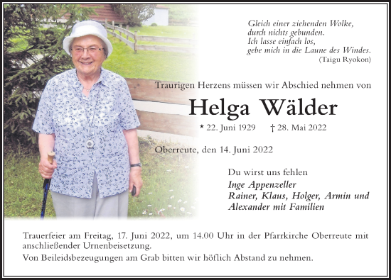 Traueranzeige von Helga Wälder von Der Westallgäuer
