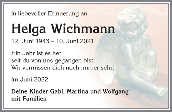 Traueranzeige von Helga Wichmann von Allgäuer Zeitung, Kaufbeuren/Buchloe