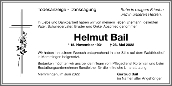Traueranzeige von Helmut Bail von Memminger Zeitung