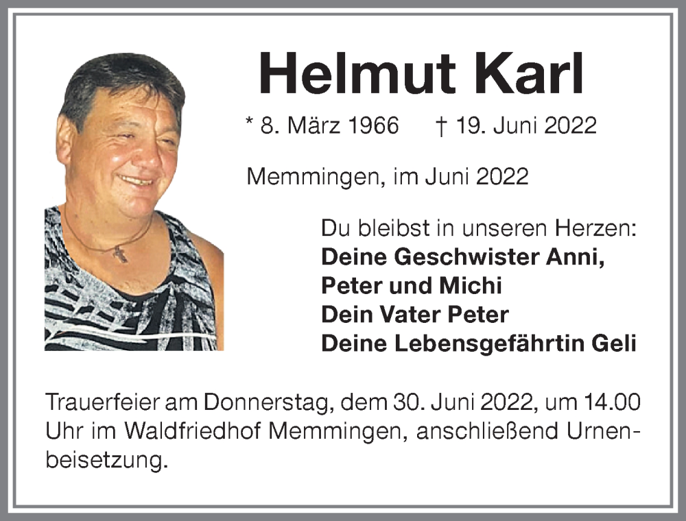  Traueranzeige für Helmut Karl vom 27.06.2022 aus Memminger Zeitung