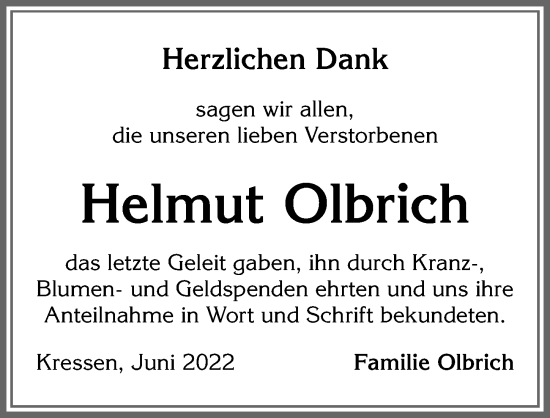 Traueranzeige von Helmut Olbrich von Allgäuer Zeitung,Kempten