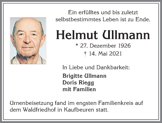 Traueranzeige von Helmut Ullmann von Allgäuer Zeitung, Kaufbeuren/Buchloe