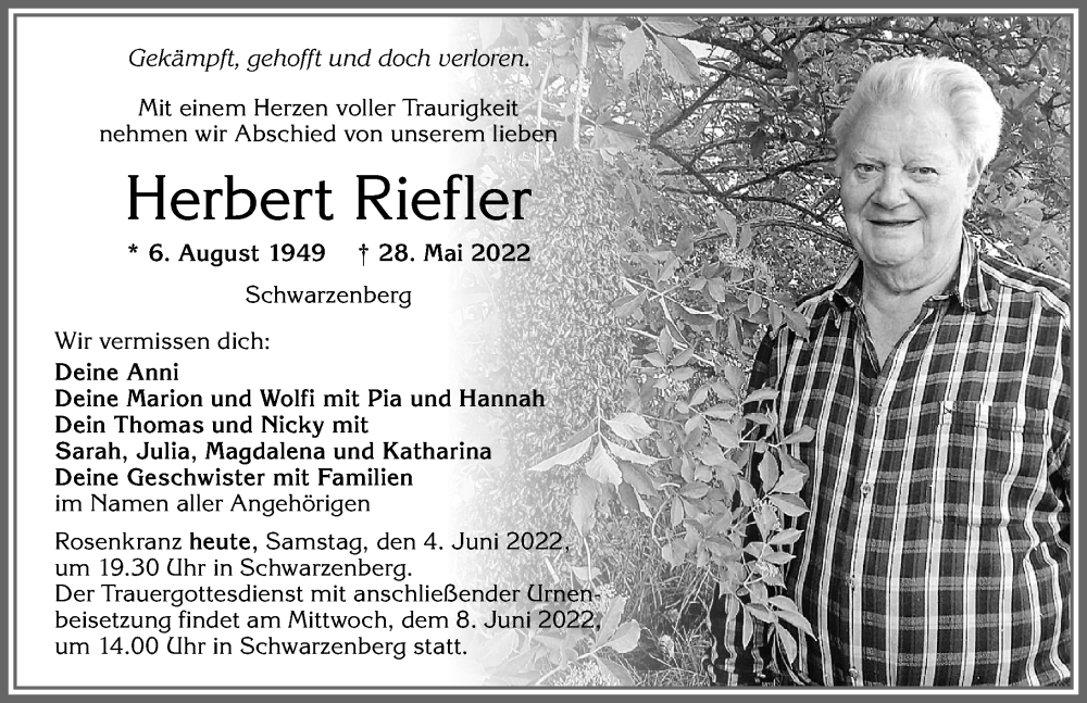  Traueranzeige für Herbert Riefler vom 04.06.2022 aus Allgäuer Zeitung,Kempten