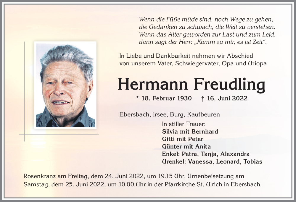  Traueranzeige für Hermann Freudling vom 23.06.2022 aus Allgäuer Zeitung, Marktoberdorf