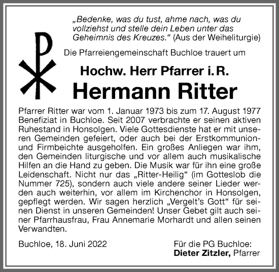 Traueranzeige von Hermann Ritter von Allgäuer Zeitung, Kaufbeuren/Buchloe