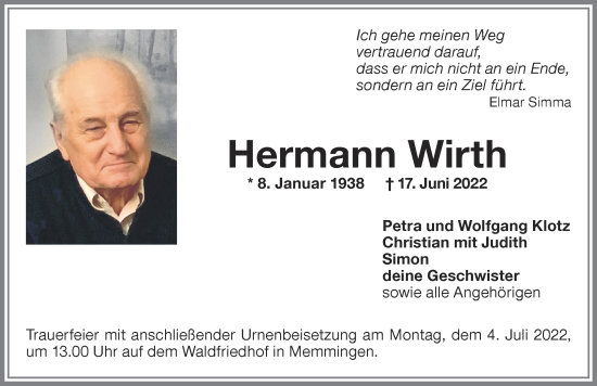 Traueranzeige von Hermann Wirth von Memminger Zeitung