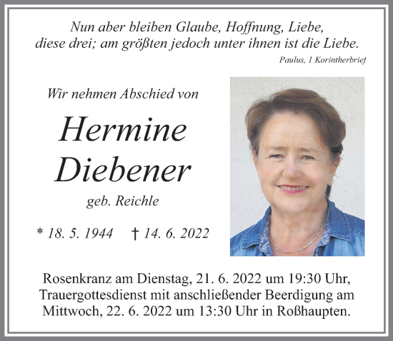 Traueranzeige von Hermine Diebener von Allgäuer Zeitung, Füssen