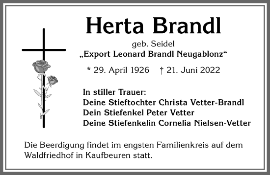 Traueranzeige von Herta Brandl von Allgäuer Zeitung, Kaufbeuren/Buchloe