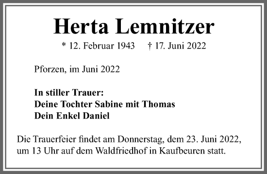 Traueranzeige von Herta Lemnitzer von Allgäuer Zeitung, Kaufbeuren/Buchloe