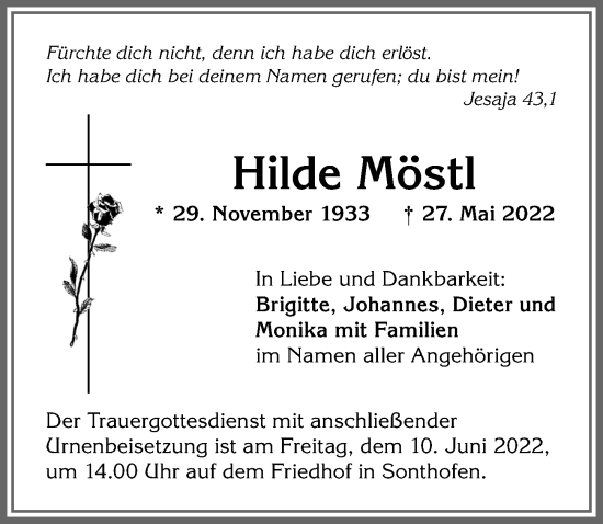 Traueranzeige von Hilde Möstl von Allgäuer Anzeigeblatt