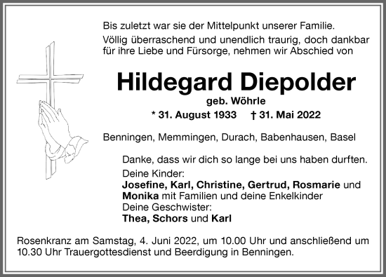 Traueranzeige von Hildegard Diepolder von Memminger Zeitung