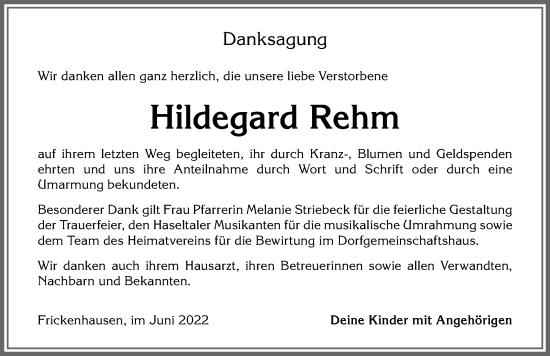 Traueranzeige von Hildegard Rehm von Memminger Zeitung