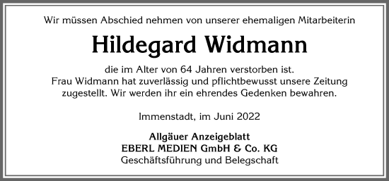 Traueranzeige von Hildegard Widmann von Allgäuer Anzeigeblatt