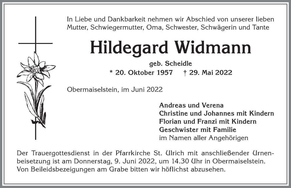  Traueranzeige für Hildegard Widmann vom 07.06.2022 aus Allgäuer Anzeigeblatt