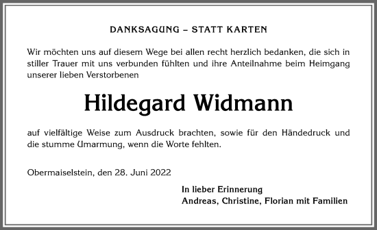 Traueranzeige von Hildegard Widmann von Allgäuer Anzeigeblatt