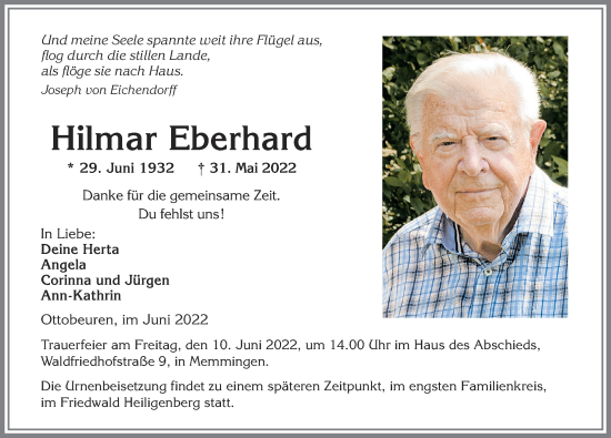 Traueranzeige von Hilmar Eberhard von Memminger Zeitung