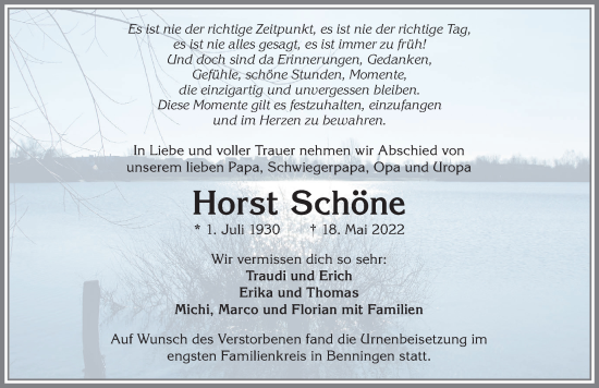 Traueranzeige von Horst Schöne von Memminger Zeitung