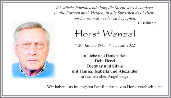 Traueranzeige von Horst Wenzel von Allgäuer Zeitung, Marktoberdorf