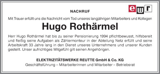 Traueranzeige von Hugo Rothärmel von Allgäuer Zeitung, Füssen