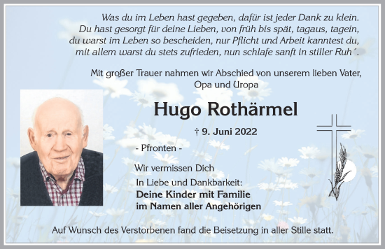 Traueranzeige von Hugo Rothärmel von Allgäuer Zeitung, Füssen