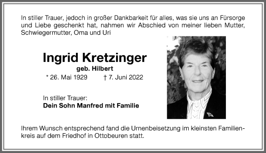 Traueranzeige von Ingrid Kretzinger von Memminger Zeitung