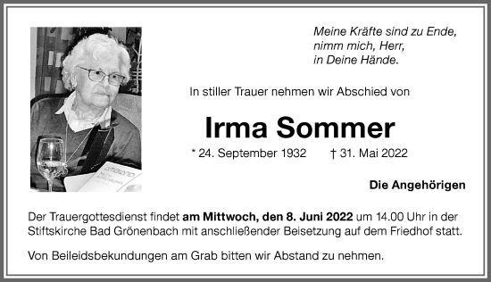 Traueranzeige von Irma Sommer von Memminger Zeitung