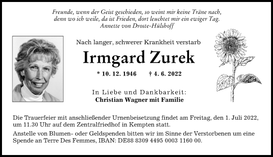 Traueranzeige von Irmgard Zurek von Allgäuer Zeitung, Füssen