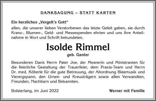 Traueranzeige von Isolde Rimmel von Allgäuer Anzeigeblatt