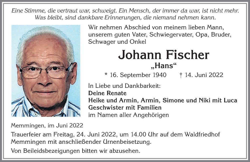  Traueranzeige für Johann Fischer vom 21.06.2022 aus Memminger Zeitung
