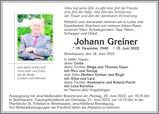 Traueranzeige von Johann Greiner von Allgäuer Zeitung, Marktoberdorf