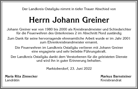 Traueranzeige von Johann Greiner von Allgäuer Zeitung, Kaufbeuren/Buchloe