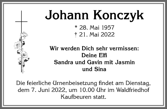 Traueranzeige von Johann Konczyk von Allgäuer Zeitung, Marktoberdorf