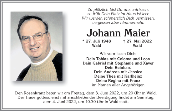 Traueranzeige von Johann Maier von Allgäuer Zeitung, Marktoberdorf