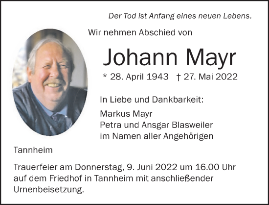Traueranzeige von Johann Mayr von Memminger Zeitung
